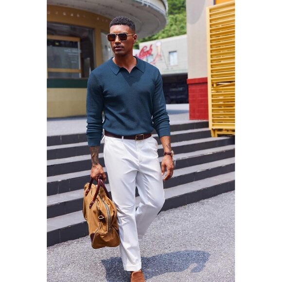 Men's Knit Polo Sweater V-Neck Long Sleeve Dress Pullover Fall Sweater Navy Blue - Picture 2 of 5